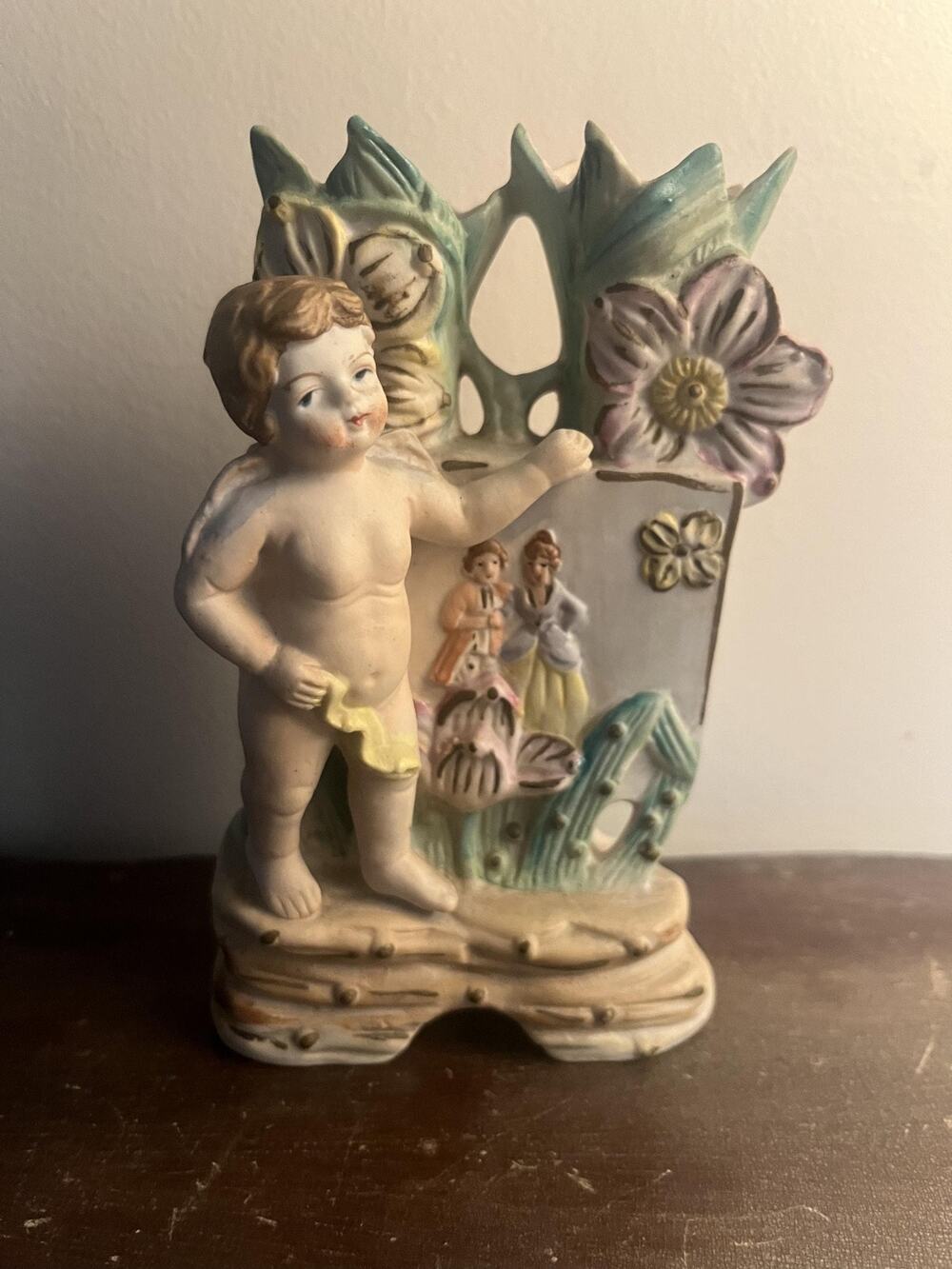 Vintage Cherub Bisque Bud Vase with Flowers, Pastel Victorian Style (Japan)